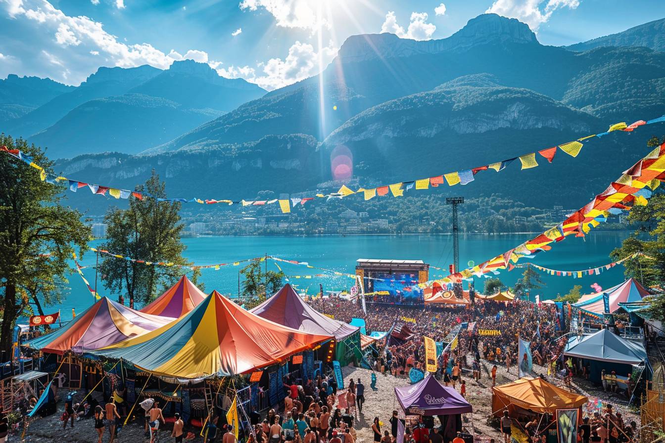 Paysage festif animé, avec vue sur le lac d'Annecy entouré de visiteurs célébrant l'un des nombreux festivals locaux, symbolisant la joie et la vivacité culturelle de la ville.